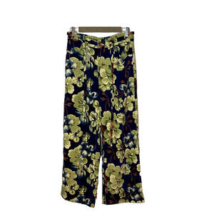 UNIQ Wide Leg Cordoury Pants Sz Small Floral Navy Green String Belt Hippie Boho